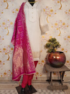 Pearl White Banarsi Silk Suit with Rani Silk Dupatta