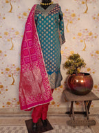 Teal Blue Banarsi Silk Suit With Rani Silk Dupatta