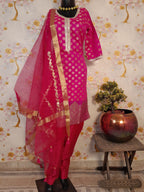 Rani Color Banarsi Silk Suit WIth Organza Silk Dupatta