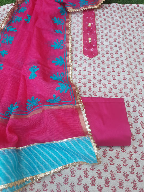 Pink Chanderi Silk Dress Material With Kota Embroidery Dupatta