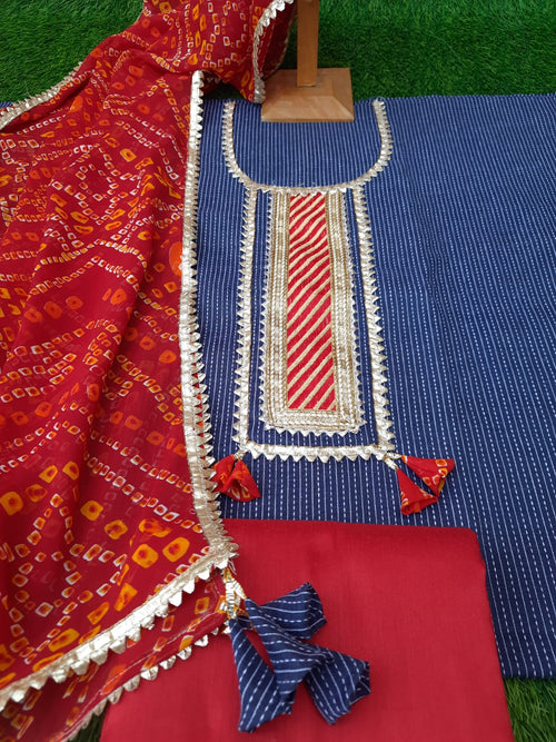 Katha Work Cotton Suit With Bandhej Dupatta - Aaditri fab