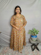 BEIGE WITH MULTI COLOR CREPE SOFT SILK DRESS WITH LINING