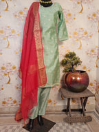 Pista Green Color Chinniya Silk Suit With Silk Dupatta