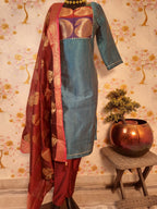 Steel Aqua Color Designer Raw Silk Suit