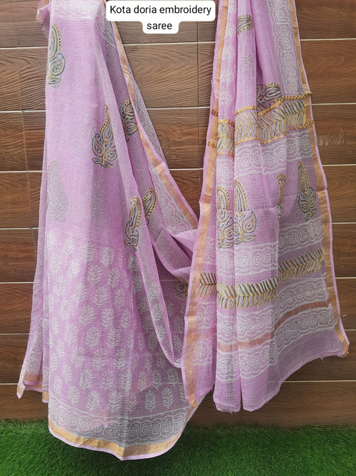 purple color kota doriya embroidery saree