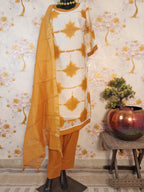 MUSTART YELLOW COLOR SHIBORI PRINT CHANDERI SILK SUIT