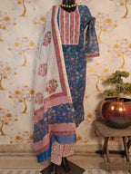 CARBON BLUE HANDLOOM CHANDERI SILK BLOCK PRINT SUIT