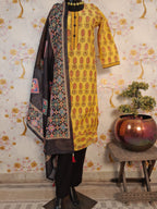 MANGO YELLOW COLOR DIGITAL PRINT HANDLOOM CHANDERI SILK SUIT