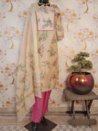 BEIGE WITH PINK FLORAL PRINT HANDLOOM CHANDERI SILK SUIT