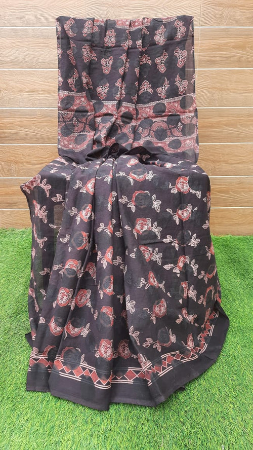 Black Color Ajrakh Print Mulmul Cotton Saree
