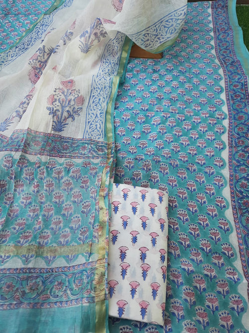 Beautiful Sky Blue Color Chanderi Hand Block Print Suit