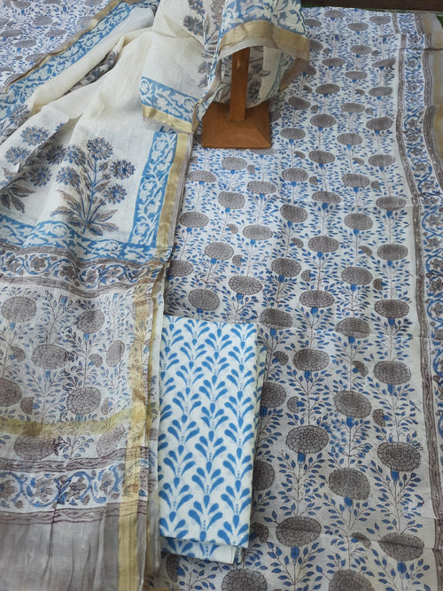 Grey Color Chanderi Hand Block Print Suit