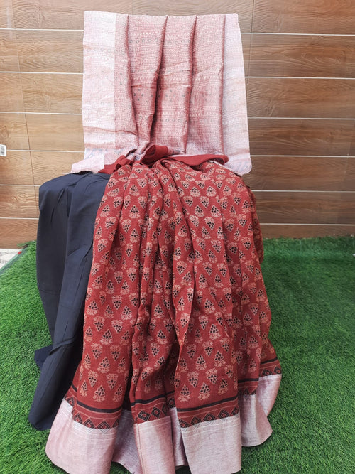 AJRAKH PRINT LINEN SAREE WITH ZARI BORDER