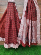 RED AJRAKH PRINT LINEN SAREE WITH ZARI BORDER