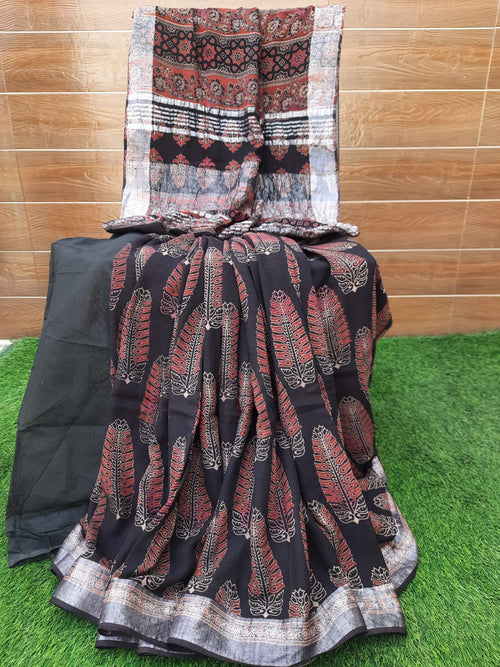 BLACK COLOR AJRAKH PRINT HANDLOOM LINEN SAREE WITH ZARI BORDER
