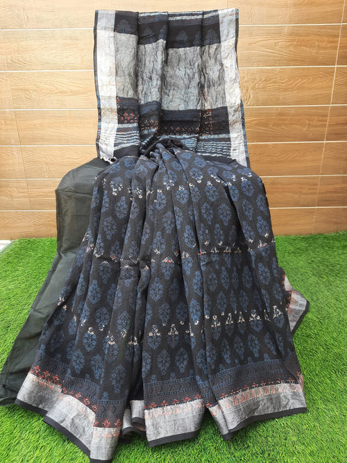 BLACK COLOR AJRAKH PRINT HANDLOOM LINEN SAREE WITH ZARI BORDER
