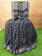 BLACK COLOR AJRAKH PRINT LINEN SAREE WITH ZARI BORDER