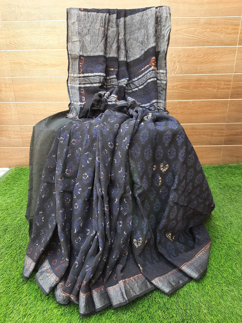 BLACK COLOR AJRAKH PRINT LINEN SAREE WITH ZARI BORDER