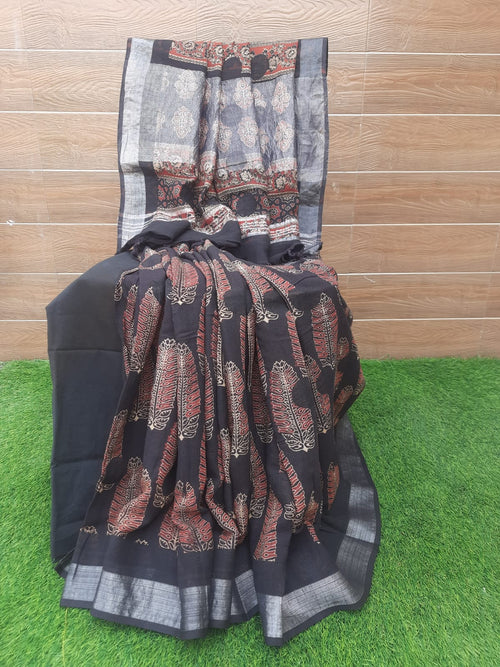 BLACK COLOR AJRAKH PRINT LINEN SAREE WITH ZARI BORDER