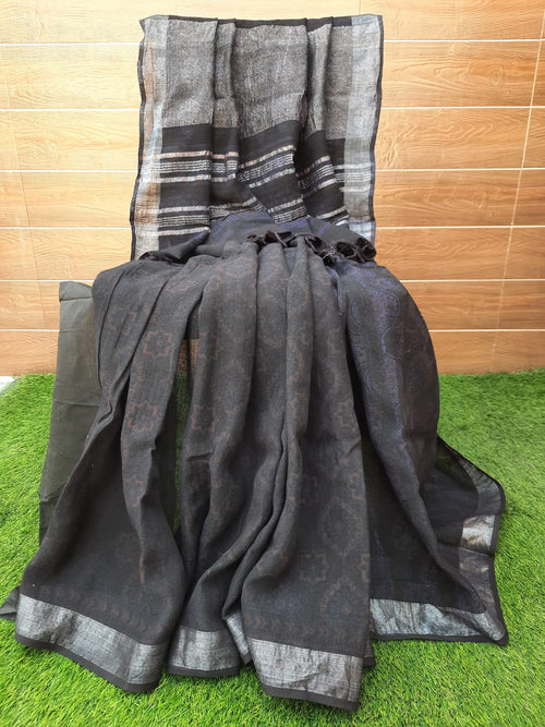 BLACK COLOR AJRAKH PRINT LINEN SAREE WITH ZARI BORDER
