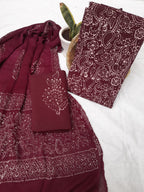 Dark Maroon Color Cotton Suit Chiffon Dupatta