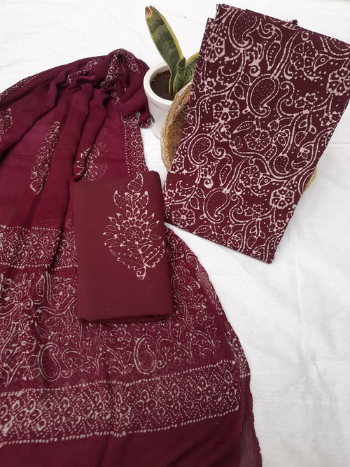 Dark Maroon Color Cotton Suit Chiffon Dupatta