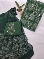 Dark Green Color Cotton Suit With Chiffon Dupatta