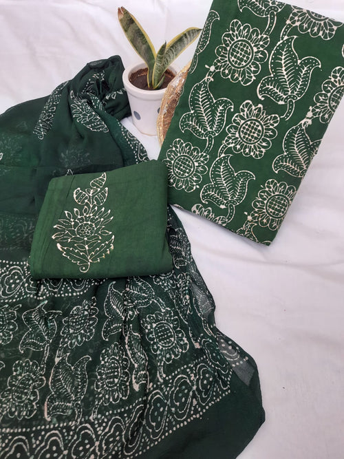 Dark Green Color Cotton Suit With Chiffon Dupatta