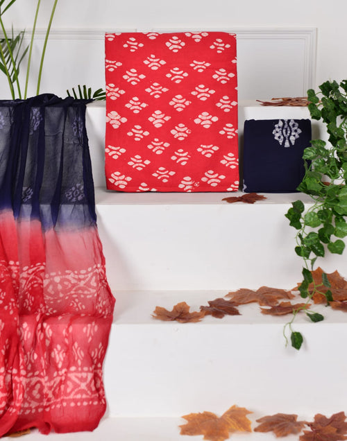 Red Color Batik Print Cotton Suit With Chiffon Dupatta