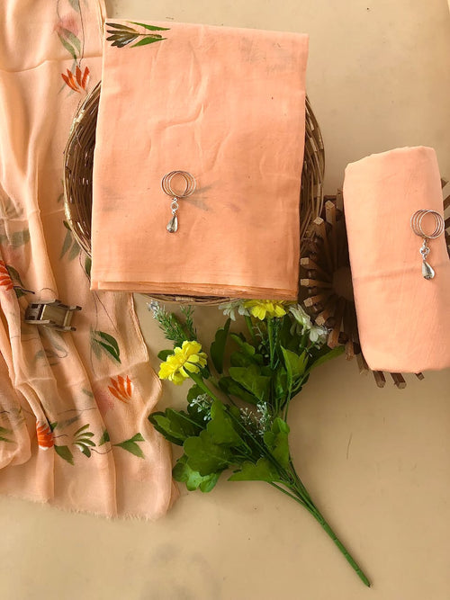 Peach Color Cotton Suit With Chiffon Dupatta
