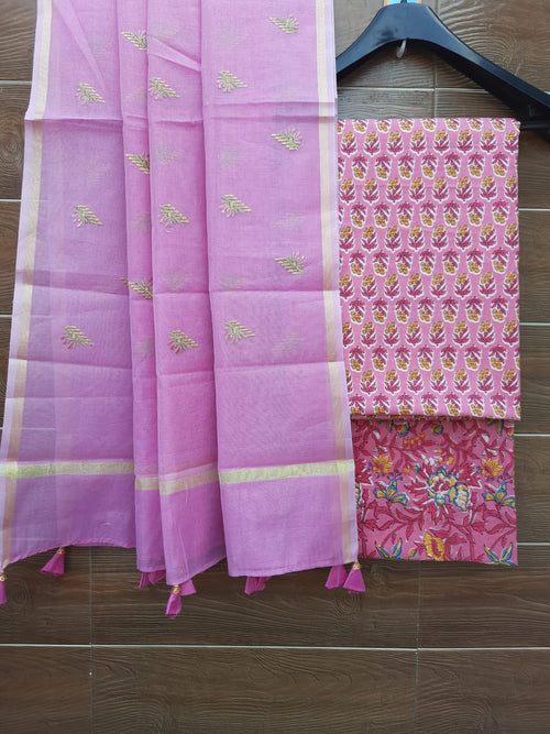 Pink Color Cotton Suit With Chanderi Dupatta