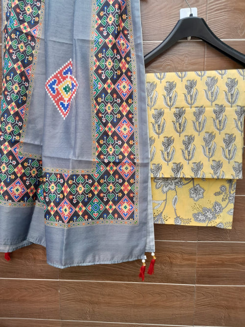 Yellow Color Cotton Suit With Chanderi Dupatta