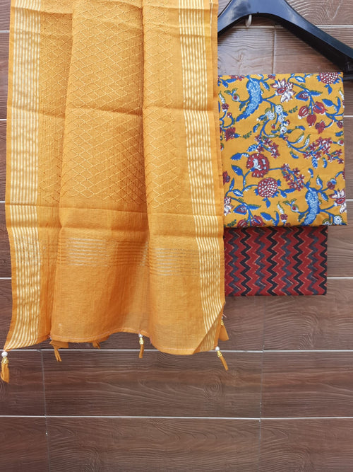 Mustard Yellow Color Cotton Suit With Chanderi Dupatta