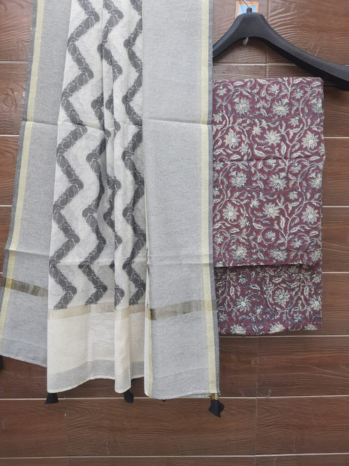 Dark Maroon Color Cotton Suit With Chanderi Dupatta