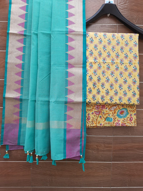 Pastel Yellow Color Cotton Hand Block Print With Chanderi Dupatta - Aaditri fab