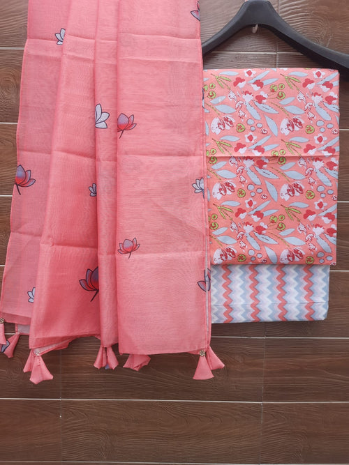 Peach Color Cotton Hand Block Print Suit With Chanderi Dupatta