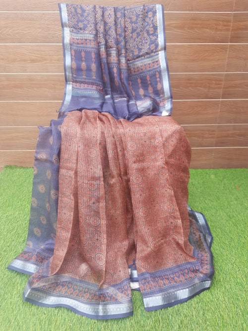 Brown With Blue Color Zari Border Digital Print Soft Kota Silk Saree