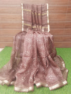Brown Color Kota Silk Digital Print Saree With Golden zari Border