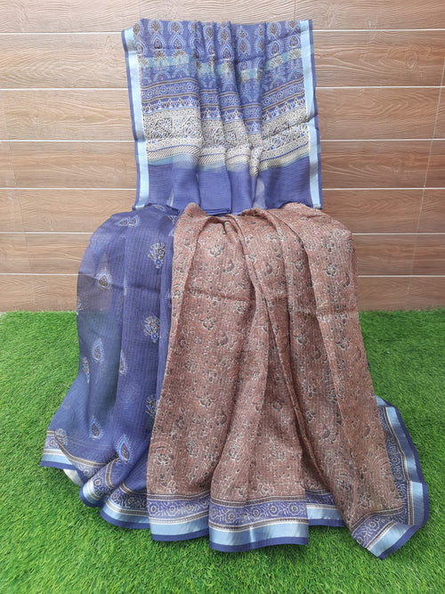 Beautiful Brown With Blue Color Zari Border Digital Print Soft Kota Silk Saree
