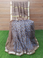 Pastel Grey With Brown Color Zari Border Digital Print Soft Kota Silk Saree