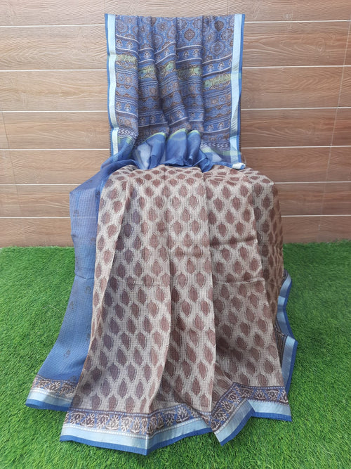 Grey Color Kota Silk Digital Print With Zari Border Saree