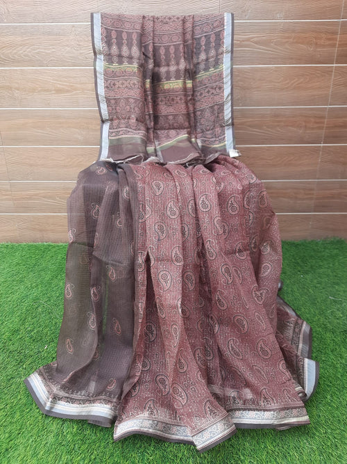 Dark Brwon Color Soft Kota Silk Digital Print With Zari Border Saree