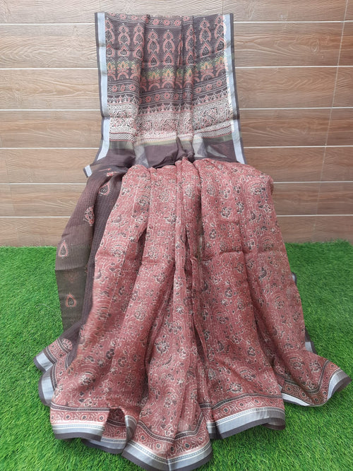 Brown Color Kota Silk Digital Print Saree With zari Border