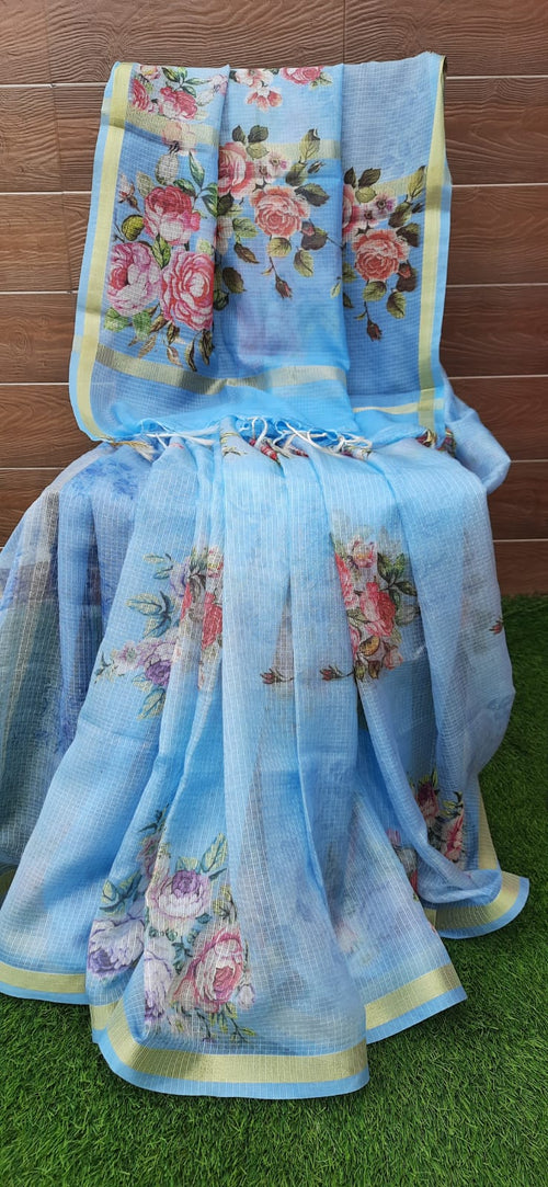 Sky Blue Color Kota Silk Digital Print With Zari Border Saree