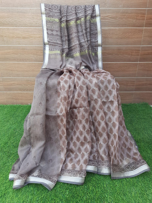 Grey Color Soft Kota Silk Digital Print With Zari Border Saree