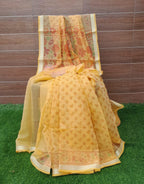 Lemon Yellow Color Kota Silk Hand Block print With Zari Border Saree