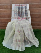 Pista Green Color Kota Doria Hand Block print With Zari Border Saree