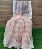 Peach Color Kota Doria Block Print Saree With Zari Border