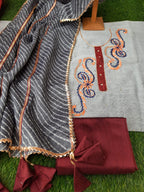 Grey Color Chanderi Aari Work Suits With Kota Doriya Lahariya print Dupatta