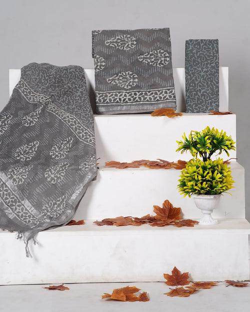 Dark Grey Color Pure linen Hand Block Print with Zari Border Suit